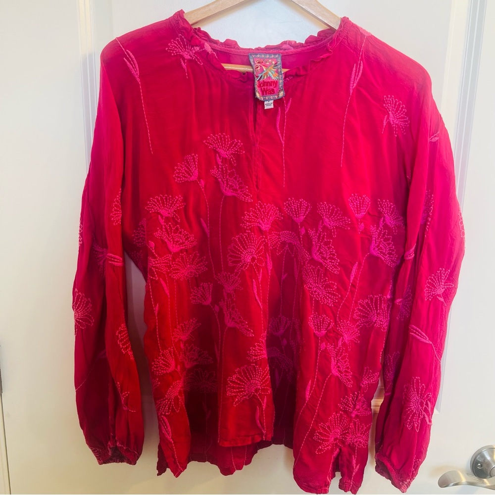 Johnny Was Vibrant Pink Floral Embroidered Blouse